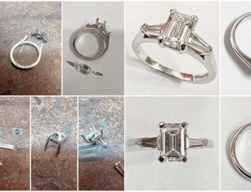Handmade Platinum Engagement Ring with Emerald Cut Diamond Centre