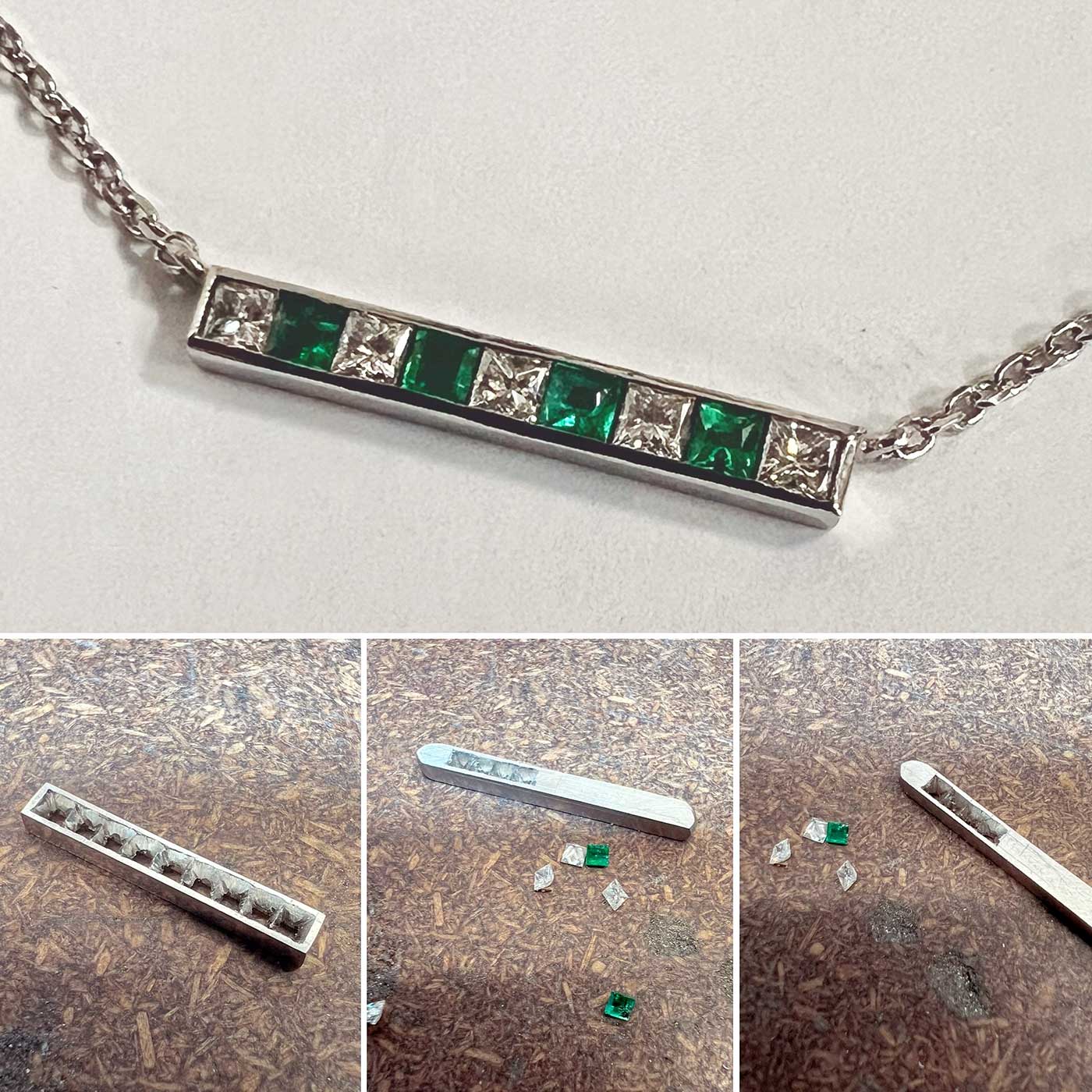 Emerald and diamond pendant - handmade in platinum