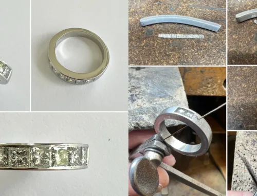 Handmade princess cut diamond half eternity ring. Made in platinum with each diamond pierced into its own hole