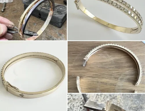 An individually handmade gold bangle, designed and crafted bespoke using the customer’s own diamonds